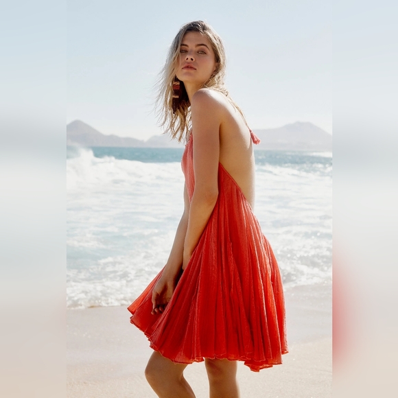 Free People Catching Rays tunic mini dress NWOT 100% cotton coral boho beachy - Picture 2 of 5